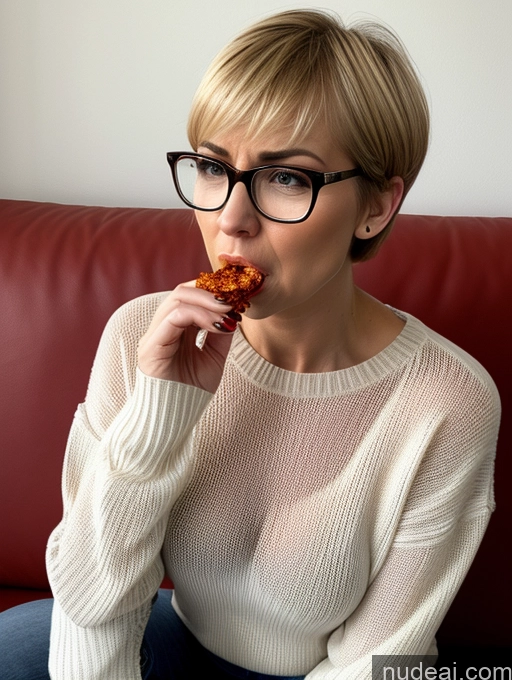 related ai porn images free for Short Small Tits Glasses Blonde Short Hair Angry Serious Czech Jeans Sweater Blouse Transparent Detailed 60s Couch Eating