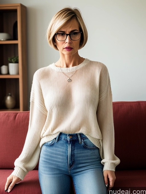 related ai porn images free for Short Small Tits Glasses Blonde Short Hair Angry Serious Czech Jeans Sweater Blouse Transparent Detailed 60s Couch