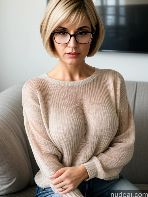 related ai porn images free for Short Glasses Blonde Short Hair Angry Serious Czech Jeans Sweater Blouse Transparent Detailed 60s Couch Busty