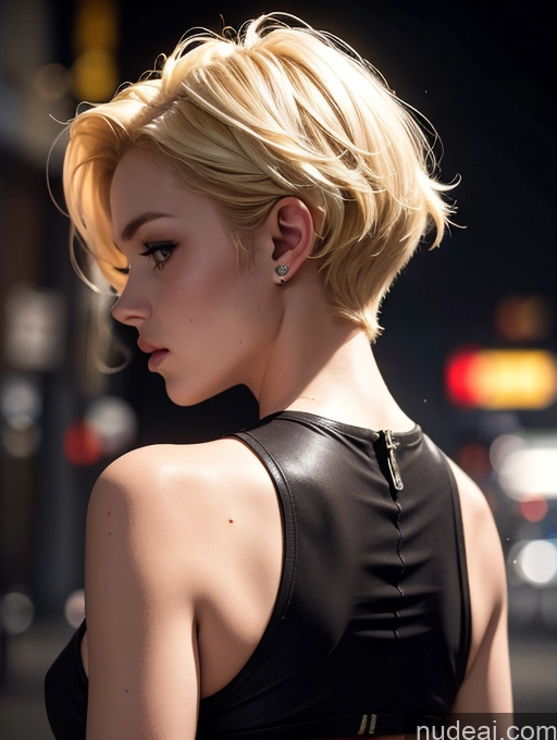 related ai porn images free for Woman Small Tits 18 Serious Blonde Dark Lighting Detailed White Cyberpunk Pixie Street Back View 90s