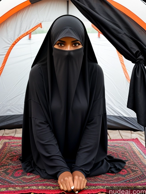 related ai porn images free for Black Hair Bright Lighting Detailed Dark Skin Tent Ethiopian Curly Hair 30s Serious Woman Plank Long Legs Front View Niqab