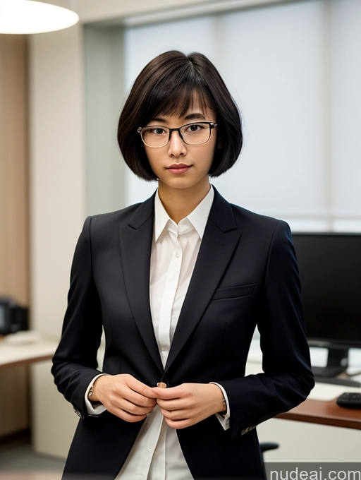 related ai porn images free for Woman Skinny Black Hair Short Hair Chinese Bright Lighting Detailed 18 Serious Office Suit Glasses Front View