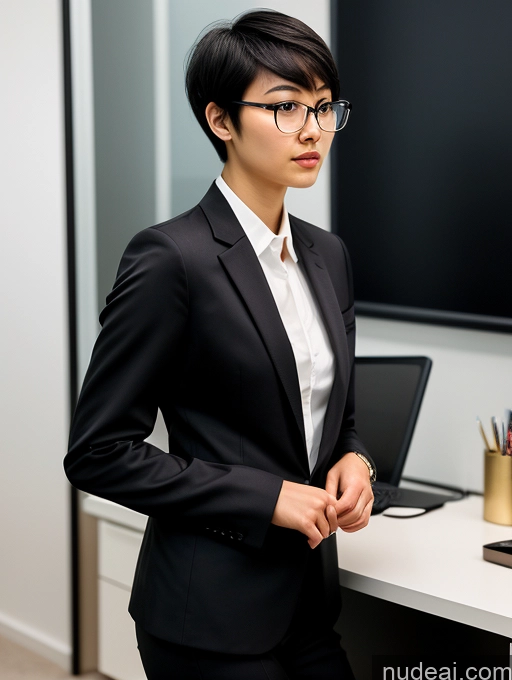 related ai porn images free for Woman Skinny Black Hair Short Hair Chinese Bright Lighting Detailed 18 Serious Office Suit Glasses Side View
