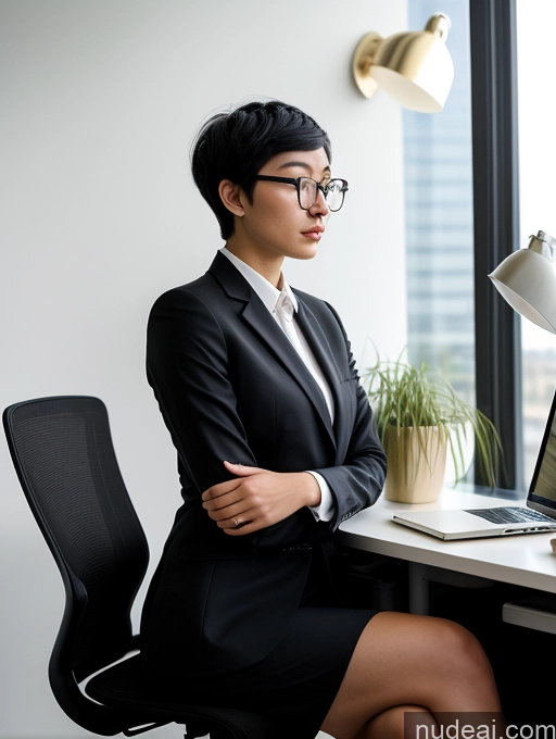 related ai porn images free for Woman Skinny Black Hair Short Hair Chinese Bright Lighting Detailed 18 Serious Office Suit Glasses Side View
