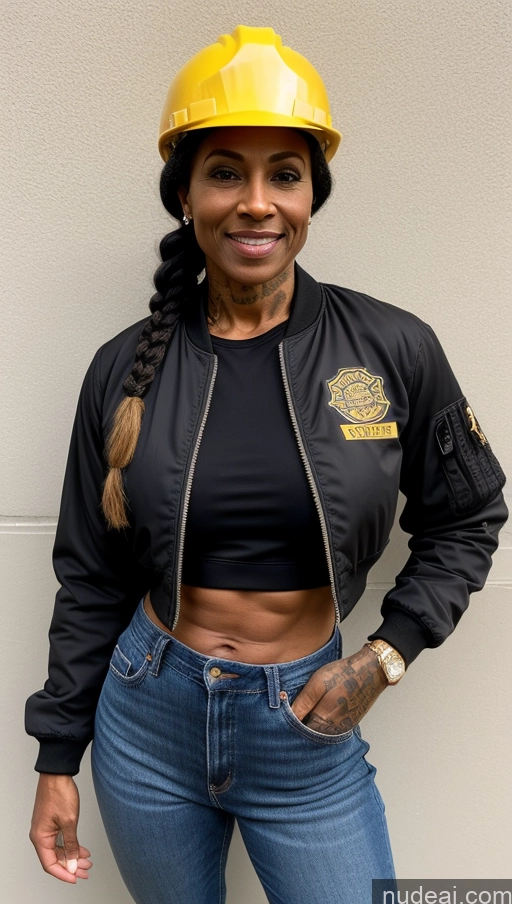 related ai porn images free for Muscular Abs Dark Skin Milf Hat Thick Big Hips Braided Black Hair Jeans Tattoos 60s Bomber Front View Construction Worker