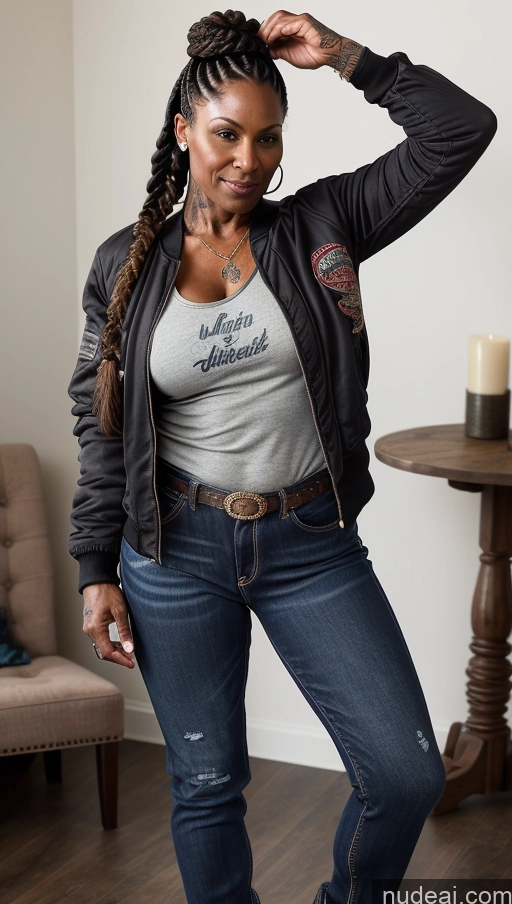 related ai porn images free for Muscular Abs Dark Skin Milf Thick Big Hips Braided Black Hair Jeans Tattoos 60s Bomber Front View Lumberjack Western