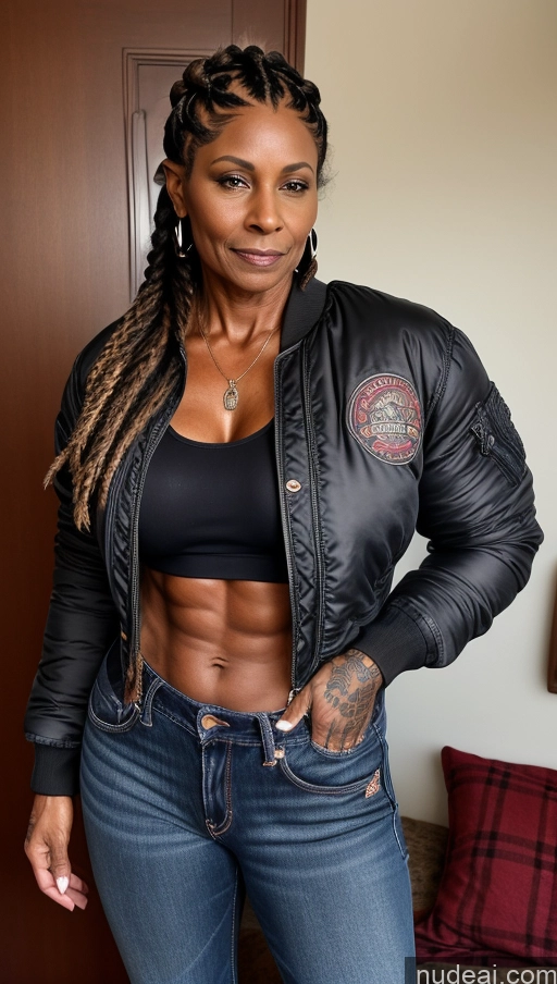 related ai porn images free for Muscular Abs Dark Skin Milf Thick Big Hips Braided Black Hair Jeans Tattoos 60s Bomber Front View Lumberjack Western