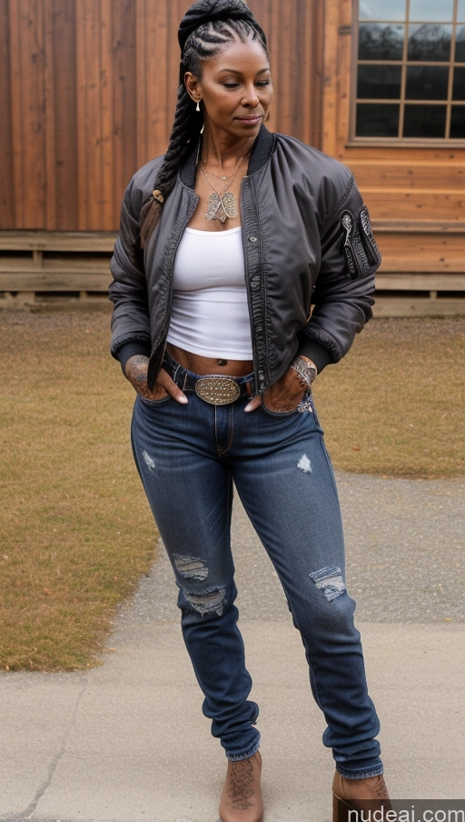 related ai porn images free for Muscular Abs Dark Skin Milf Thick Big Hips Braided Black Hair Jeans Tattoos 60s Bomber Front View Lumberjack Western