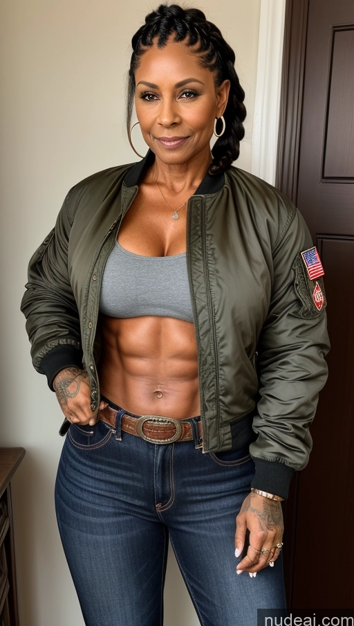 related ai porn images free for Muscular Abs Dark Skin Milf Thick Big Hips Braided Black Hair Jeans Tattoos 60s Bomber Front View Lumberjack Western Traditional Military
