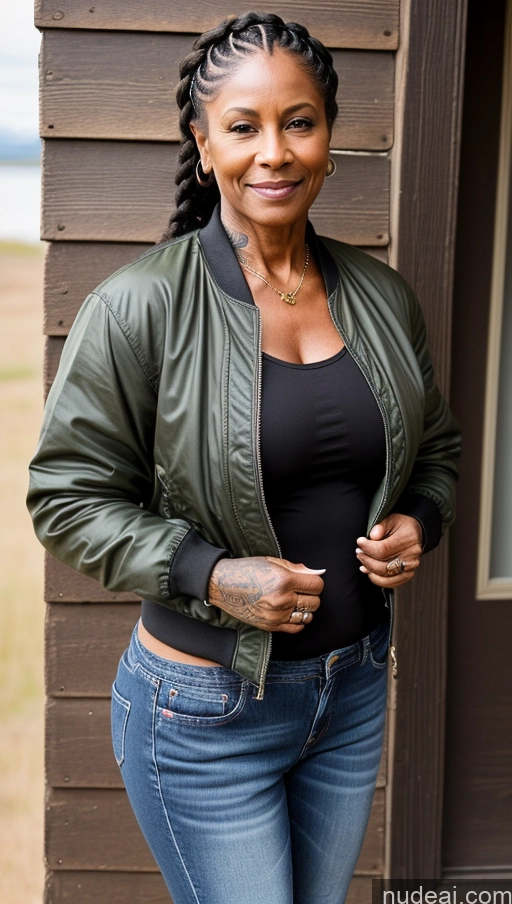 related ai porn images free for Muscular Abs Dark Skin Milf Thick Big Hips Braided Black Hair Jeans Tattoos Bomber Front View Lumberjack Western Traditional Military 70s