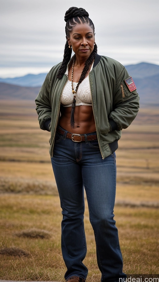 related ai porn images free for Muscular Abs Dark Skin Milf Thick Big Hips Braided Black Hair Jeans Tattoos Bomber Front View Lumberjack Western Traditional Military 70s
