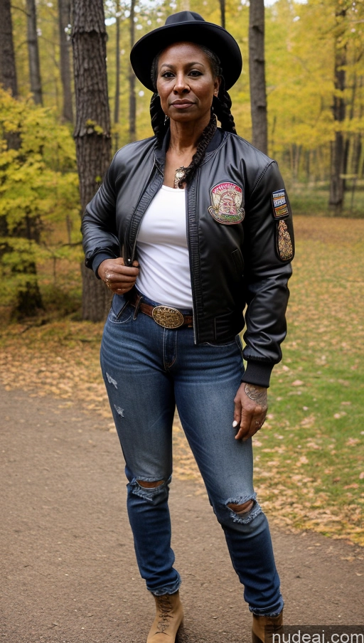 related ai porn images free for Muscular Abs Dark Skin Milf Thick Big Hips Braided Black Hair Jeans Tattoos Bomber Front View Lumberjack Western Traditional Military Black Hat 60s