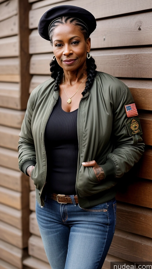 related ai porn images free for Muscular Abs Dark Skin Milf Thick Big Hips Braided Black Hair Jeans Tattoos Bomber Front View Lumberjack Traditional Military Black Hat 60s