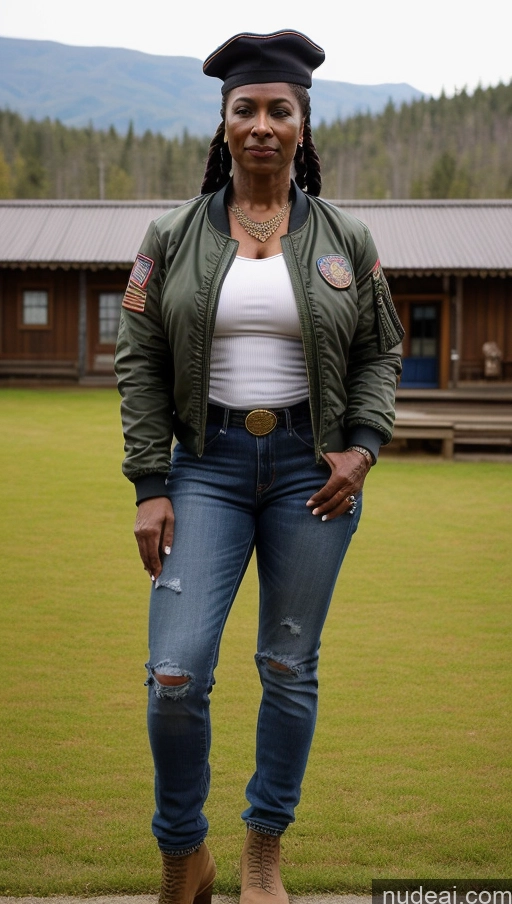 related ai porn images free for Muscular Abs Dark Skin Milf Thick Big Hips Braided Black Hair Jeans Tattoos Bomber Front View Lumberjack Traditional Military Black Hat 60s
