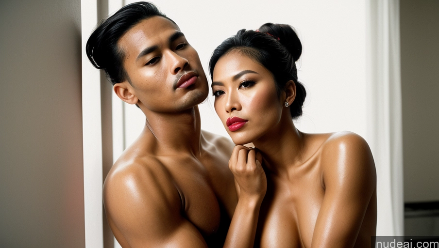 related ai porn images free for Two Muscular Pubic Hair Handsome Man Penis Excessive Pubic Hair Woman + Man Oiled Body Woman Open Forward 30s Black Hair Pouting Lips Lipstick Malaysian Hair Bun Front View Nude Film Photo