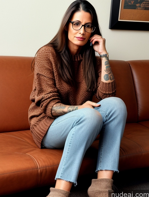 related ai porn images free for Woman Glasses Tattoos 50s Brunette Long Hair Italian Couch Front View 80s Sweater Jeans High Socks High Heels