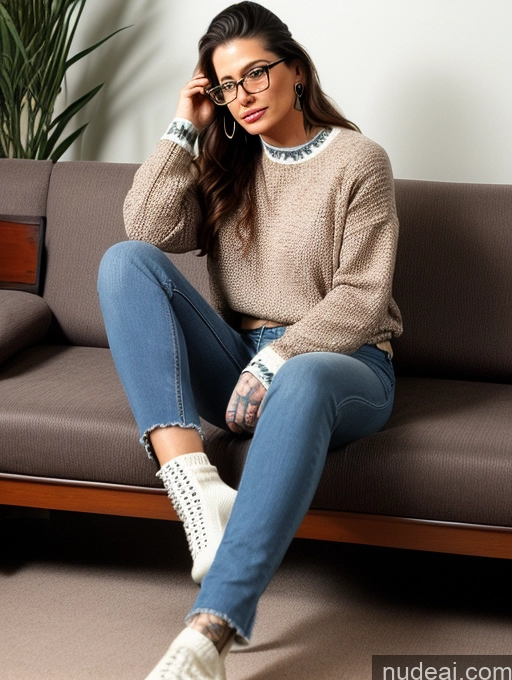 related ai porn images free for Woman Glasses Tattoos 50s Brunette Long Hair Italian Couch Front View 80s Sweater Jeans High Socks High Heels