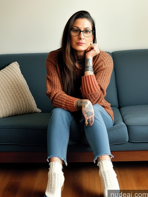 related ai porn images free for Woman Glasses Tattoos 50s Brunette Long Hair Italian Couch Front View 80s Sweater Jeans High Socks High Heels