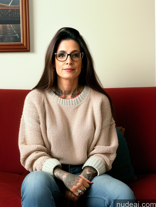 related ai porn images free for Woman Glasses Tattoos 50s Brunette Long Hair Italian Couch Front View 80s Sweater Jeans High Socks