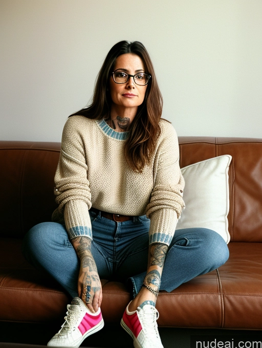 related ai porn images free for Woman Glasses Tattoos 50s Brunette Long Hair Italian Couch Front View 80s Sweater Jeans High Socks