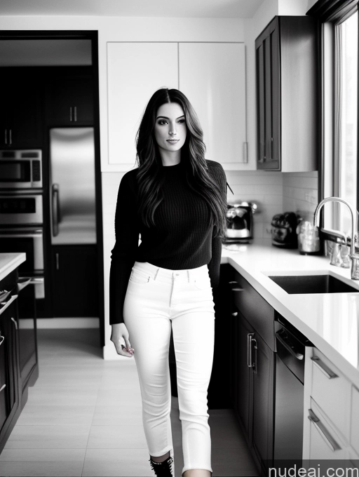 related ai porn images free for Woman Tattoos 20s Brunette Long Hair Italian Black And White Kitchen Front View 70s Suit Sweater Jeans High Socks High Heels