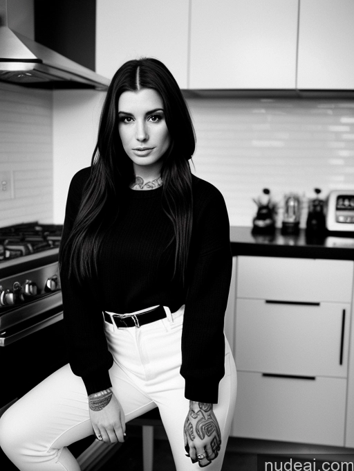 related ai porn images free for Woman Tattoos 20s Brunette Long Hair Italian Black And White Kitchen Front View 70s Suit Sweater Jeans High Socks High Heels