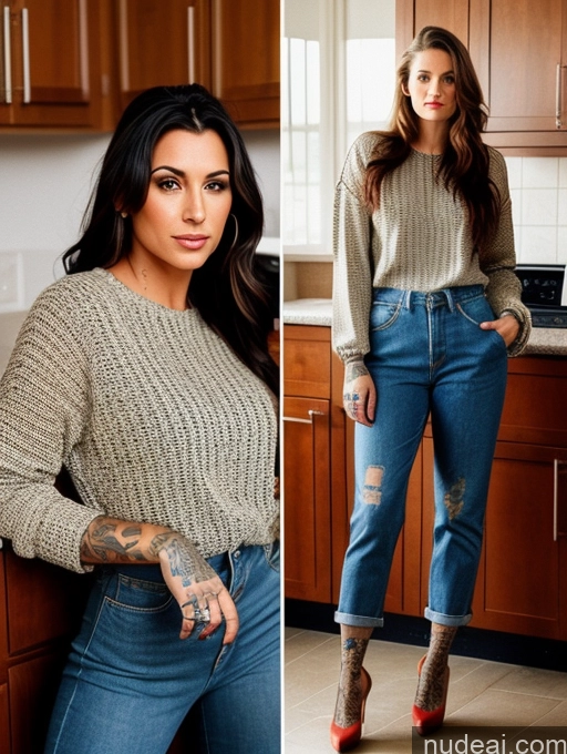 related ai porn images free for Woman Tattoos 20s Brunette Long Hair Italian Kitchen Front View Suit Sweater Jeans High Socks High Heels 90s
