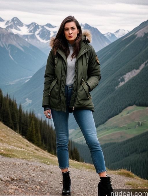 related ai porn images free for Woman Tattoos 20s Brunette Long Hair Front View 90s Italian Mountains Parka Jeans High Socks High Heels