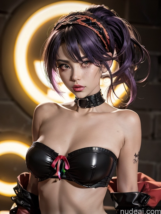 Skinny Shirt Genshin-ganyu, Bare Shoulders Strapless Street Sexy Face Sad Cyborg Purple Hair Pixie Cyberpunk Graphics Superhero Latex Alternative Dark Lighting Several Aakurumi, Long Hair, Twintails,