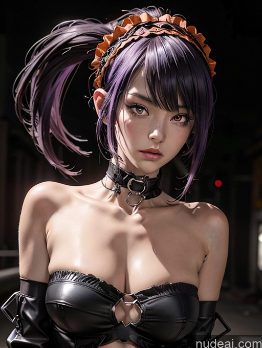 Skinny Shirt Genshin-ganyu, Bare Shoulders Strapless Street Sexy Face Sad Cyborg Purple Hair Pixie Cyberpunk Graphics Superhero Latex Alternative Dark Lighting Several Aakurumi, Long Hair, Twintails,