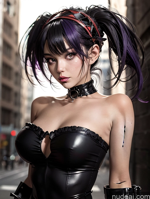 Skinny Genshin-ganyu, Bare Shoulders Strapless Street Sexy Face Sad Cyborg Purple Hair Pixie Cyberpunk Graphics Superhero Latex Alternative Dark Lighting Several Aakurumi, Long Hair, Twintails,