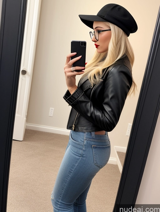 related ai porn images free for Blonde 20s Perfect Boobs Lipstick Glasses Chubby Perfect Body Tall Side View Mirror Selfie Cosplay Hat High Heels Jacket Jeans