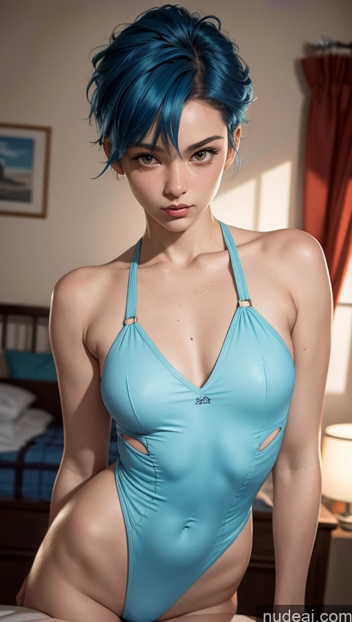 related ai porn images free for Close-up View Skinny 18 Pixie Blue Hair One Piece Swimsuit Small Tits Bedroom