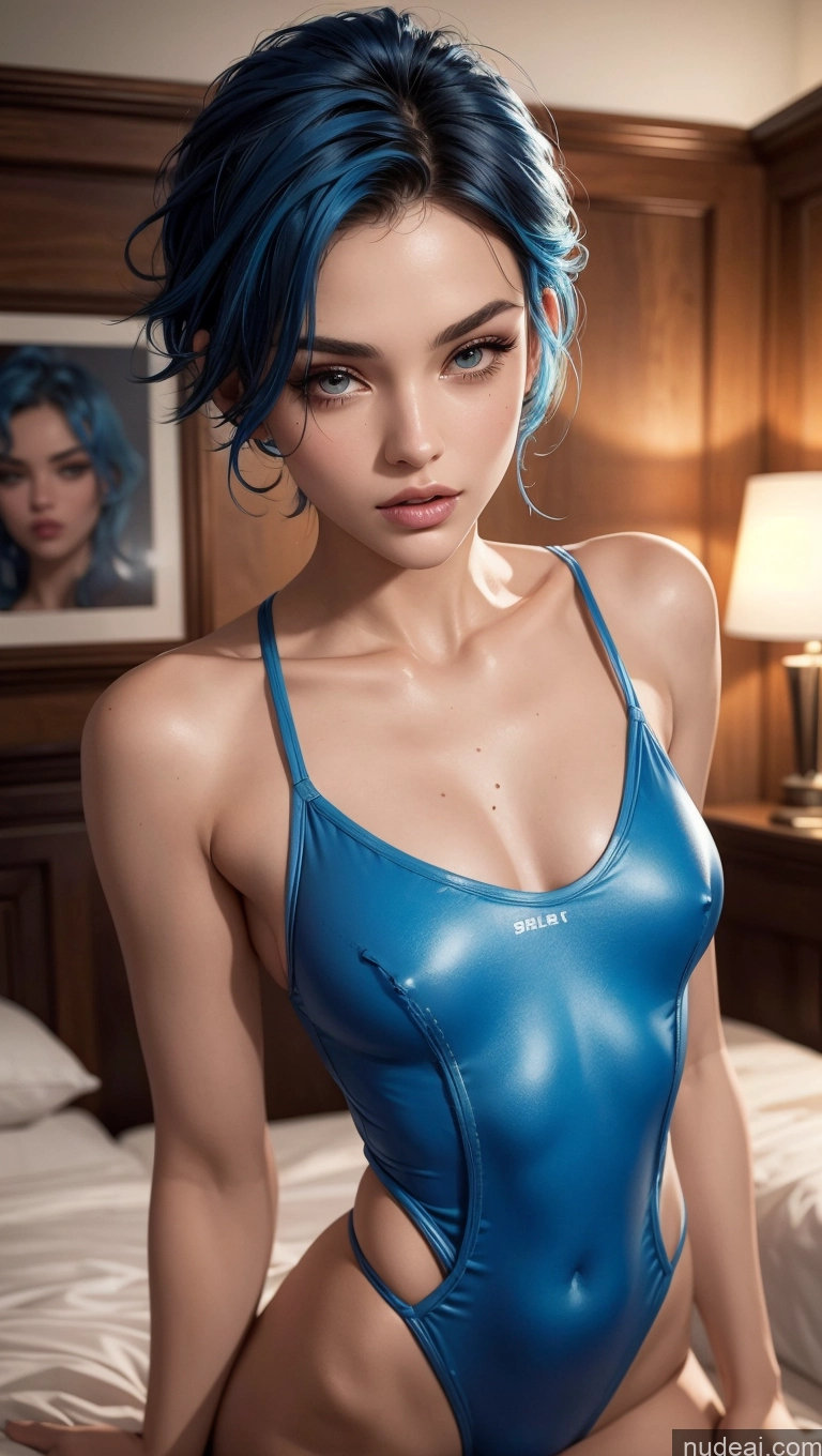 related ai porn images free for Close-up View Skinny 18 Pixie Blue Hair One Piece Swimsuit Small Tits Bedroom Sexy Face Miss Universe Model