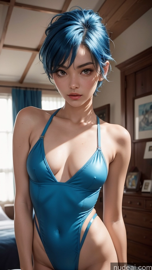related ai porn images free for Close-up View Skinny 18 Pixie Blue Hair One Piece Swimsuit Small Tits Bedroom Sexy Face Lingerie Model