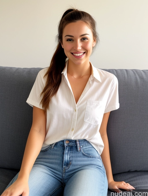 related ai porn images free for Woman One Beautiful Brunette British Film Photo Front View Bright Lighting 18 Happy Seductive Couch Casual Jeans Shirt Ponytail