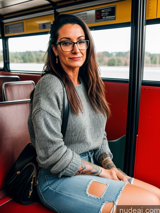 related ai porn images free for Woman Glasses Tattoos 50s Brunette Long Hair Italian Bus Front View 90s Sweater Jeans High Socks High Heels