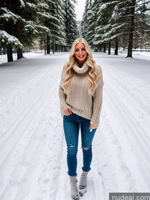 related ai porn images free for Woman 20s Blonde Long Hair Italian Front View Sweater Jeans High Socks High Heels Bright Lighting Alternative Snow