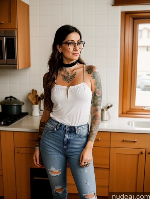 related ai porn images free for Woman Glasses Tattoos 50s Brunette Long Hair Italian Kitchen Front View 80s Chemise Choker Jeans High Socks High Heels Bright Lighting Alternative