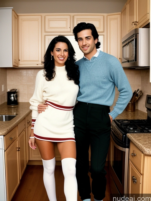 related ai porn images free for Woman + Man 20s Black Hair Long Hair Italian Kitchen Front View 80s Sweater Stockings Jeans High Socks High Heels