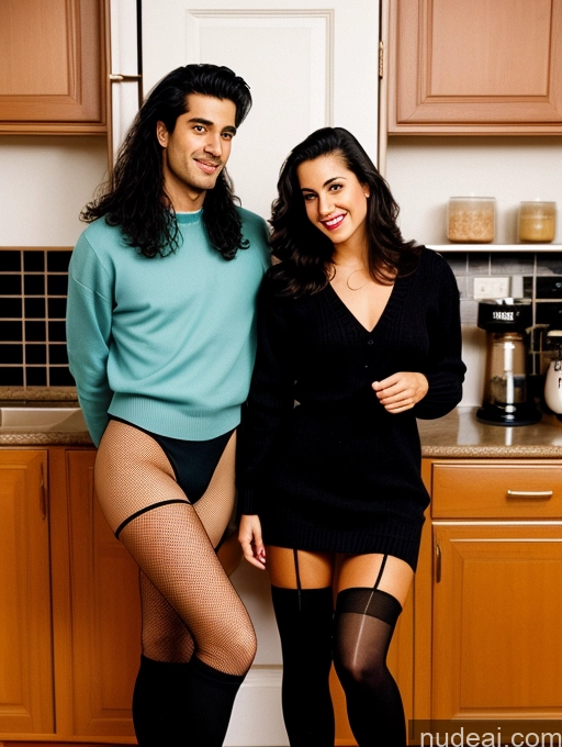 related ai porn images free for Woman + Man 20s Black Hair Long Hair Italian Kitchen Front View 80s Sweater Stockings Jeans High Socks High Heels