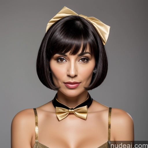 related ai porn images free for 50s Black Hair Bobcut Front View Bow Tie Cleavage Small Tits Gold Jewelry
