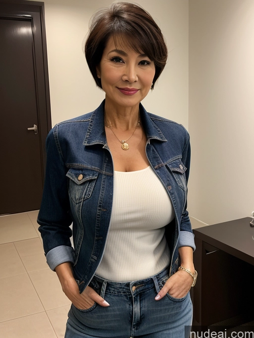 related ai porn images free for Milf Perfect Boobs Beautiful Perfect Body 70s Sexy Face Casual Jeans Jacket Cleavage Detailed Stylish Secretary Professor Blouse Short Hair Busty Japanese Dark Lighting