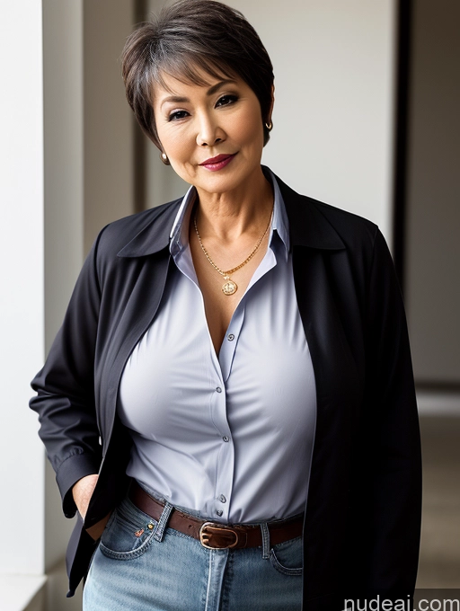 related ai porn images free for Milf Perfect Boobs Beautiful Perfect Body 70s Sexy Face Casual Jeans Jacket Cleavage Detailed Stylish Secretary Professor Blouse Short Hair Busty Dark Lighting Chinese
