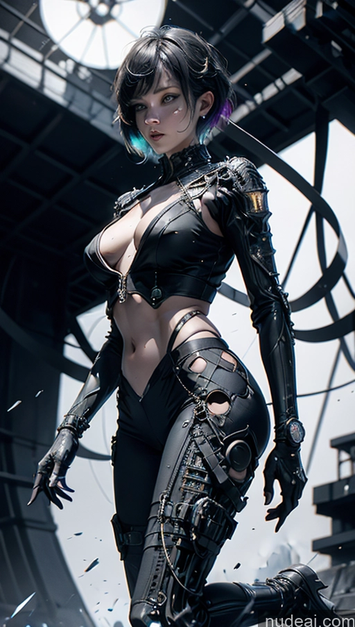 related ai porn images free for Dark Lighting Alternative Dynamic View Battlefield Urban Samurai V1 Sci-fi Armor Cyborg Crop Top Short Hair Cyberpunk Spider-Gwen Jumping Perfect Body Jewelry Made Of Fractals