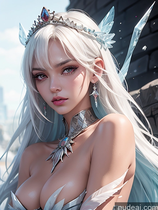 Mantis Woman Bangs White Hair Tanned Skin Topless Woman Breasts Megumin Regal Spider-Gwen Elemental Series - Ice