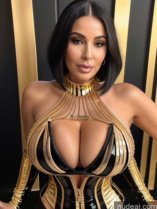related ai porn images free for Bimbo Busty Perfect Boobs 60s Sexy Face Black Hair Bobcut Front View Latex Cleavage Gold Jewelry Detailed
