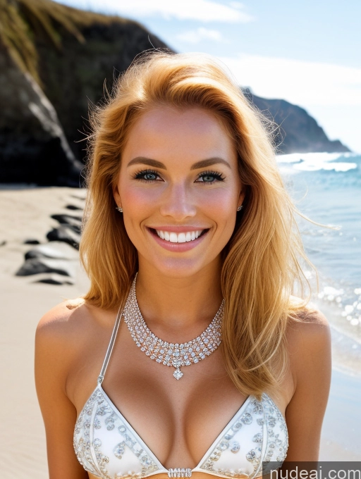 related ai porn images free for One Miss Universe Model 20s Happy Blonde Long Hair Irish Beach Front View Bikini Diamond Jewelry Bright Lighting