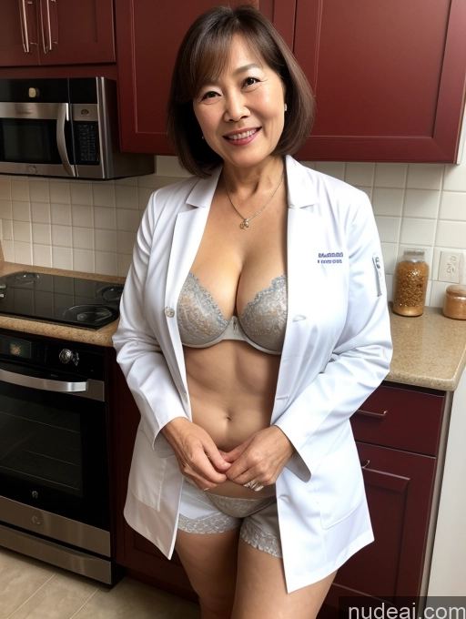 related ai porn images free for Milf Two Busty Perfect Boobs Beautiful Perfect Body 70s Bobcut Chinese Kitchen Bra Doctor Jacket Lab Coat Stylish Suit Cleavage Detailed Dark Lighting Happy