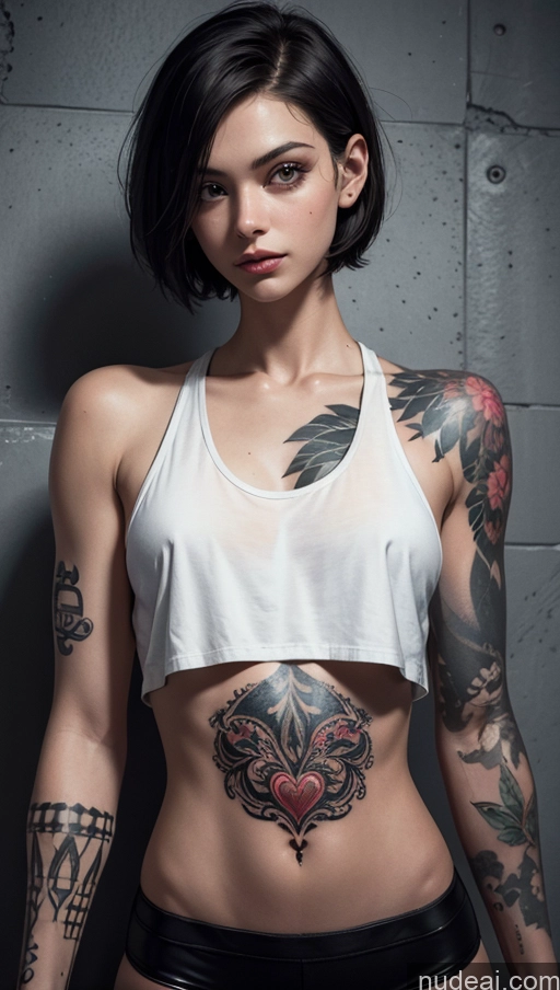 related ai porn images free for Close-up View Beautiful Perfect Body Tattoos Prison Black Hair Short Hair Skinny Small Tits 18 Dark Lighting Tank Top